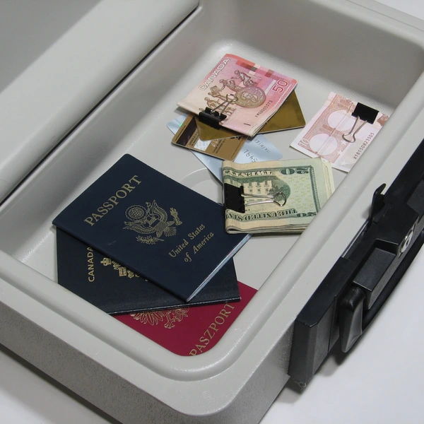 A secure metal case containing passports, various currencies, credit cards, and important documents. The contents are neatly arranged, indicating readiness for emergency or travel situations.