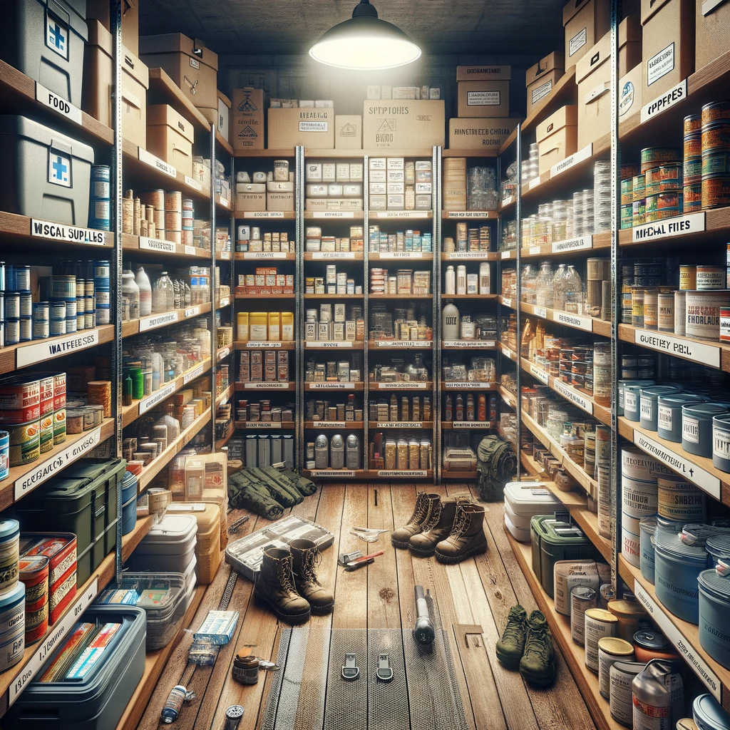 A well-organized storage room filled with shelves stocked with emergency supplies. Items include canned food, bottled water, medical supplies, tools, and various other essentials neatly arranged in a brightly lit room.