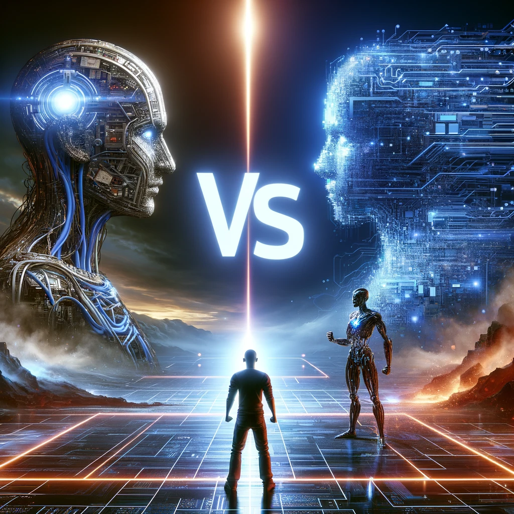 A futuristic scene depicting a showdown between two advanced robots, one representing mechanical technology and the other digital or virtual technology. A human figure stands between them, looking up at a bright light with the word 'VS' above.