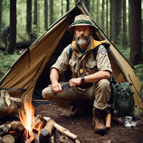 Man sitting next to campfire near lake