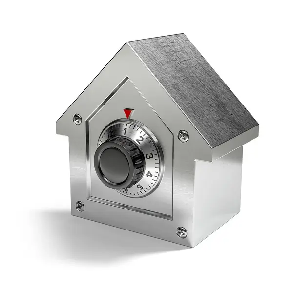 A house-shaped combination lockbox, symbolizing home security. The sturdy metal construction and combination dial emphasize protection and safety.