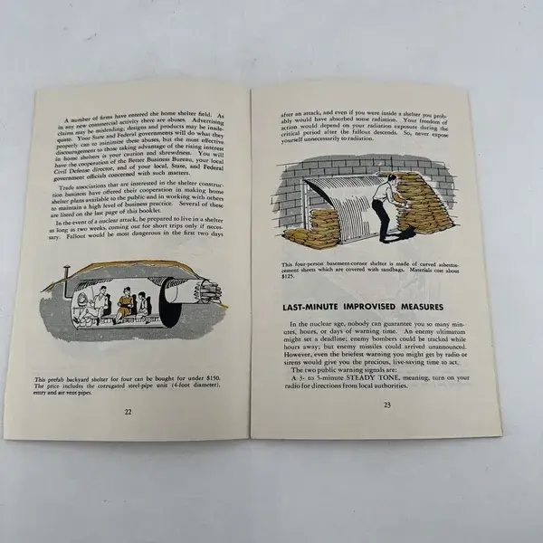 Pages from a nuclear shelter guidebook showing illustrations and instructions for building improvised fallout shelters and last-minute measures.