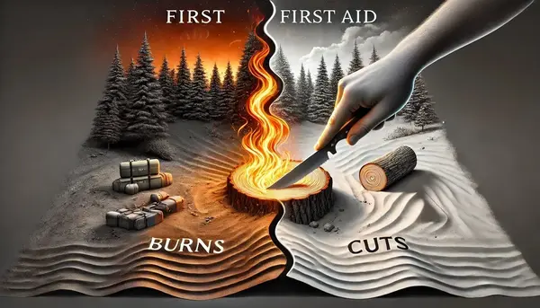 image for a first aid article about preppers, showing treatment of burns and cuts.